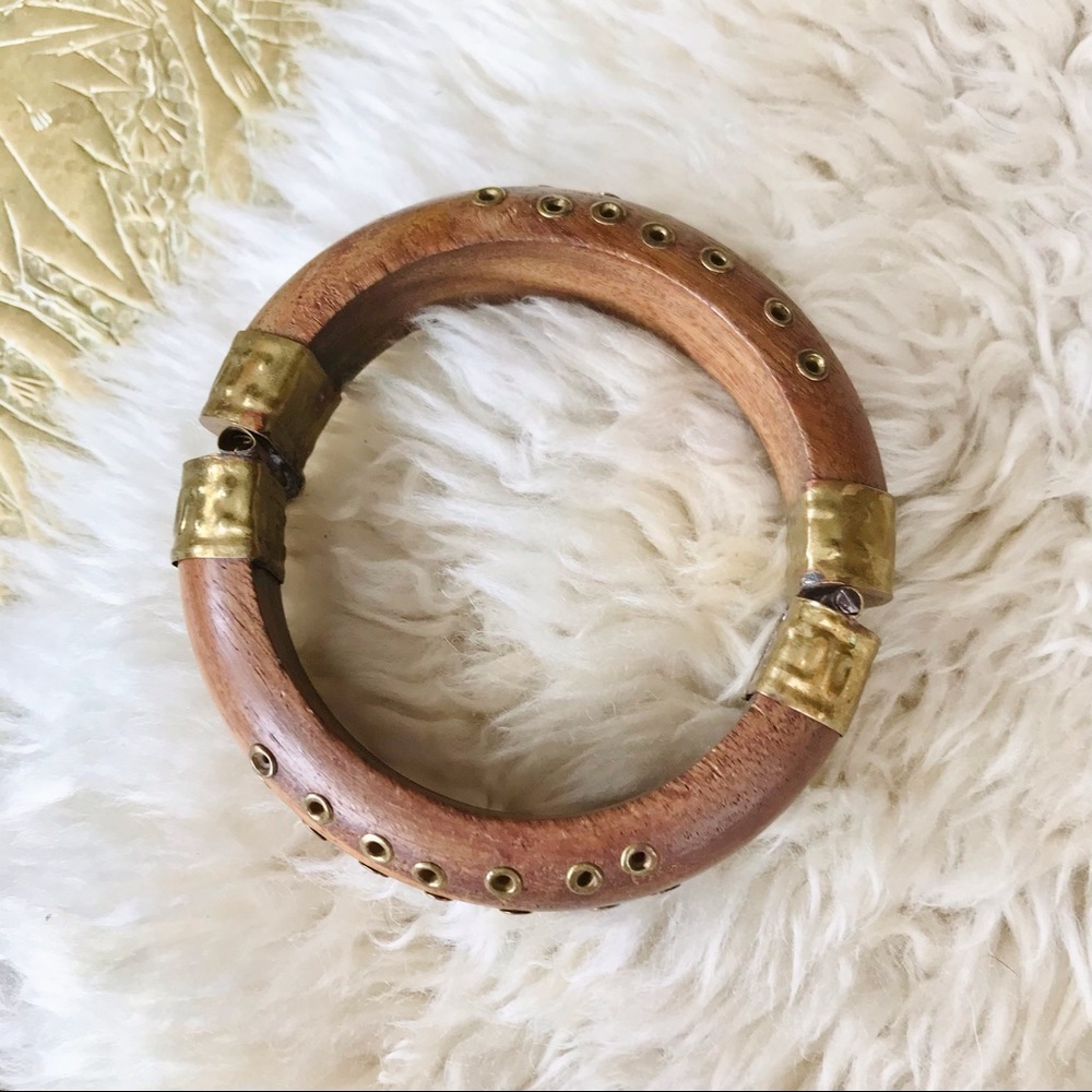 Vintage bohemian wood and brass bangle